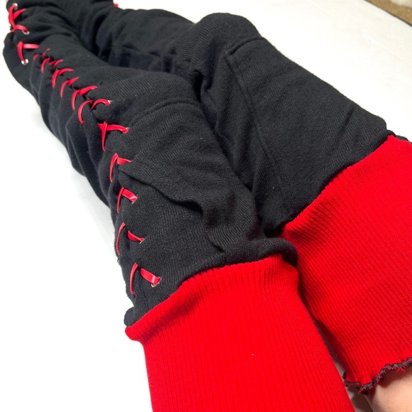 Red Corset Thigh Highs Black Lace Up Leg Warmers Over the Knee Socks Leggings OS - Picture 1 of 13